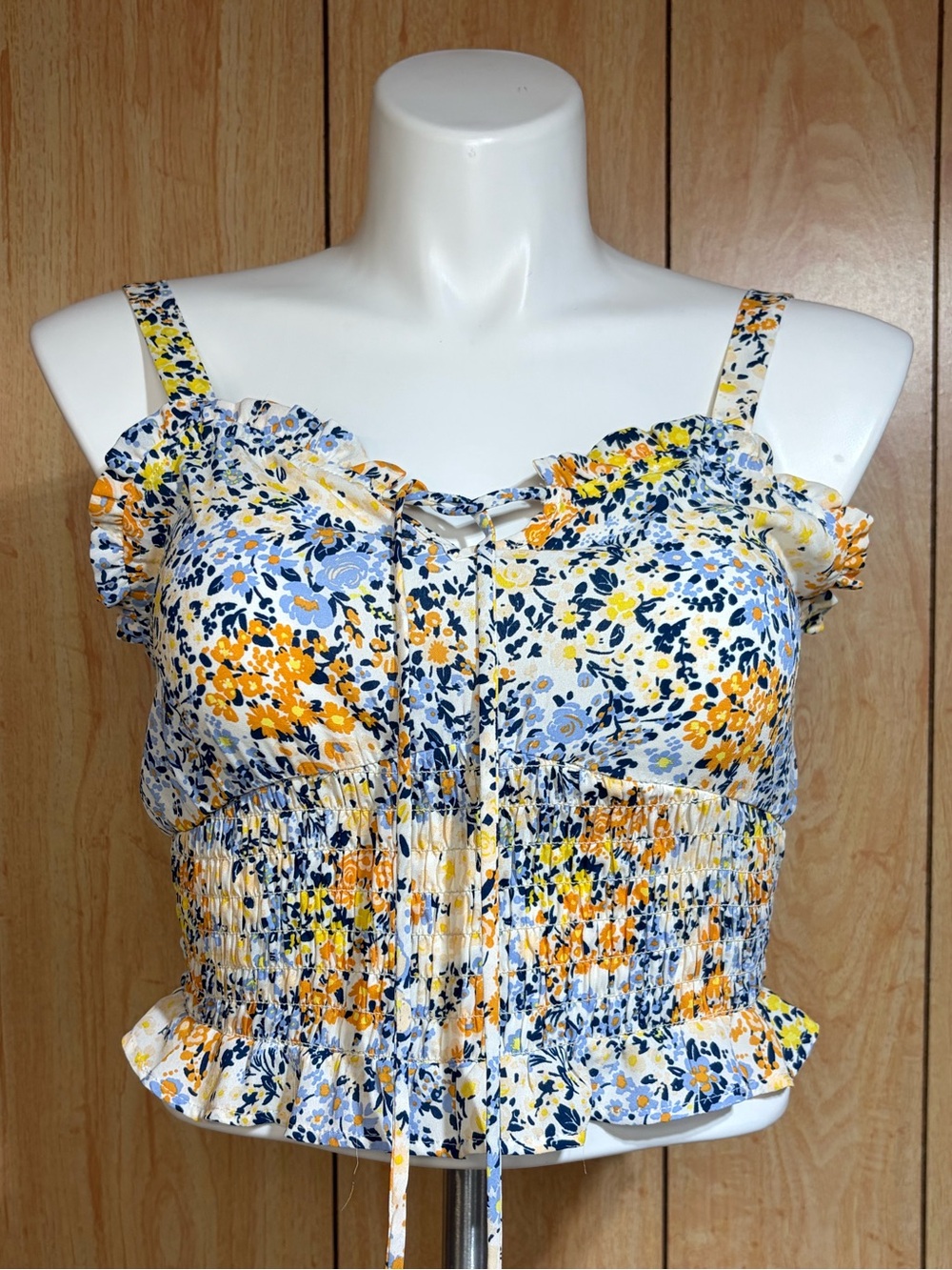 Sienna Sky Yellow & Blue Floral Smocked Crop Top SZ XL